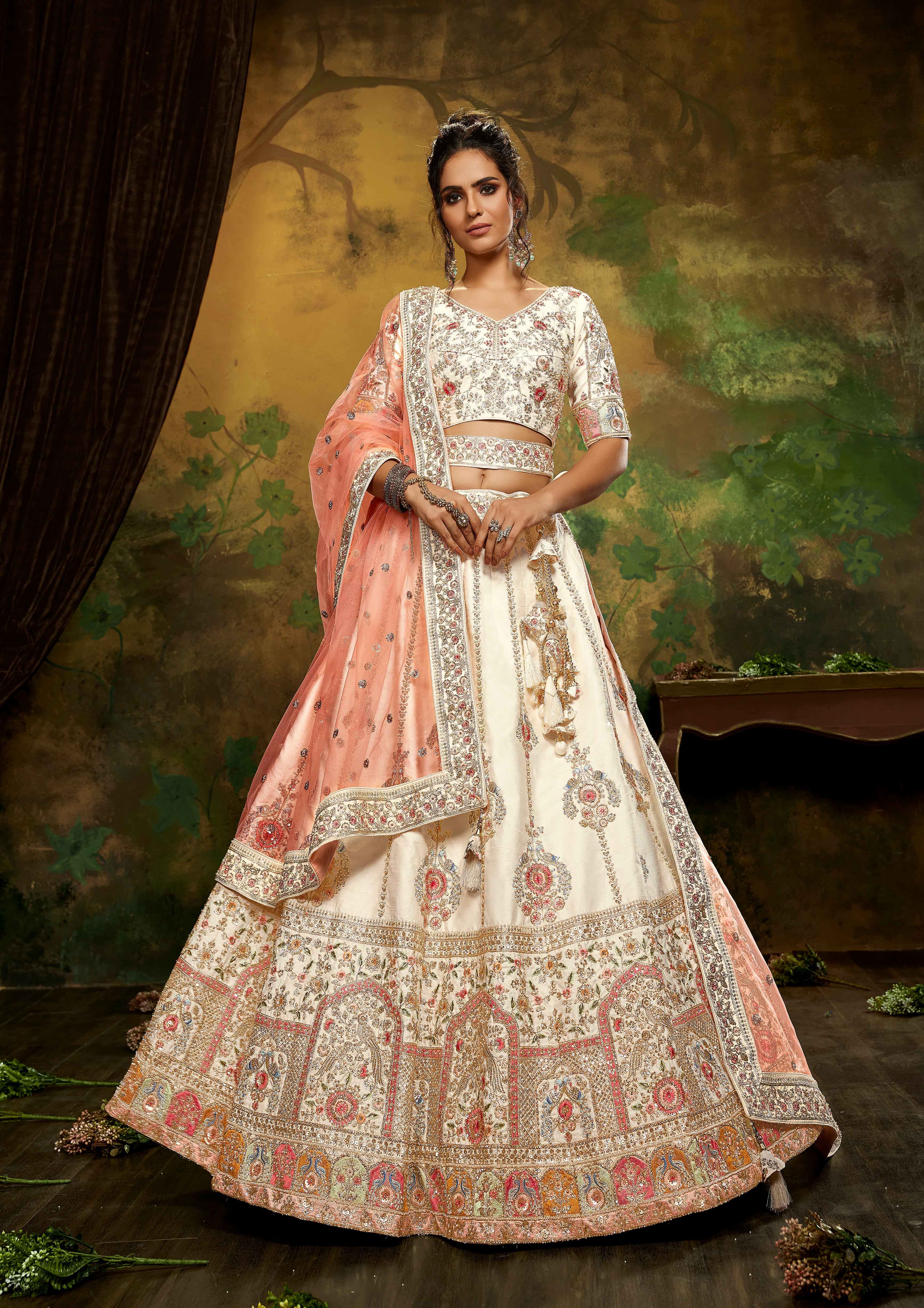 Off White Pure Silk Moti & Zarkan heavy embroidery Semi-Stitched Lehenga choli & Dupatta Clothsvilla