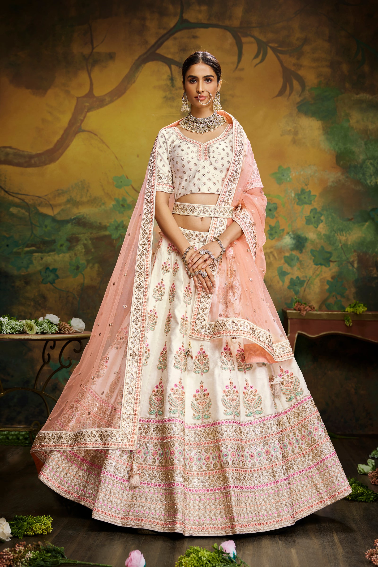 Off White Pure Silk Moti & Zarkan heavy embroidery Semi-Stitched Lehenga choli & Dupatta ClothsVilla