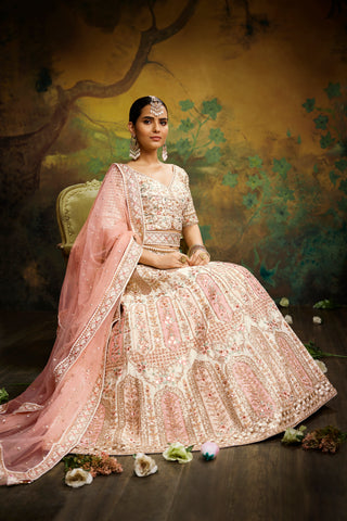 Off White Pure Silk Moti & Zarkan heavy embroidery Semi-Stitched Lehenga choli & Dupatta ClothsVilla