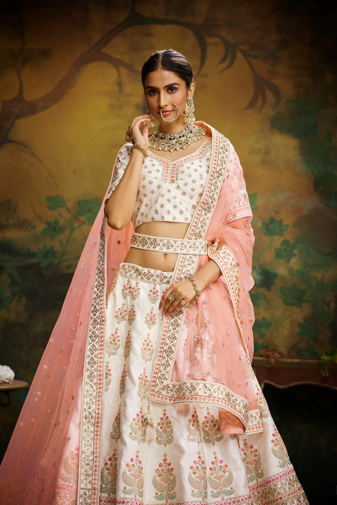 Off White Pure Silk Moti & Zarkan heavy embroidery Semi-Stitched Lehenga choli & Dupatta ClothsVilla