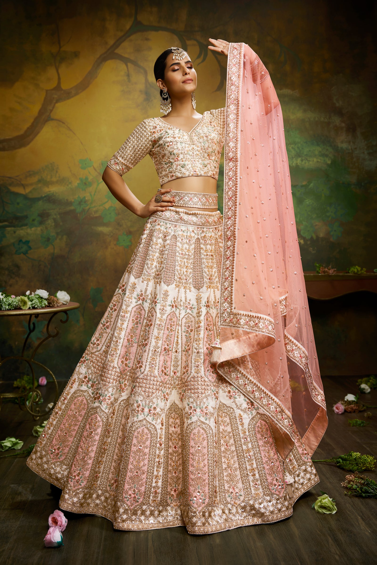 Off White Pure Silk Moti & Zarkan heavy embroidery Semi-Stitched Lehenga choli & Dupatta ClothsVilla