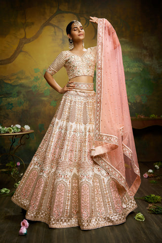 Off White Pure Silk Moti & Zarkan heavy embroidery Semi-Stitched Lehenga choli & Dupatta ClothsVilla