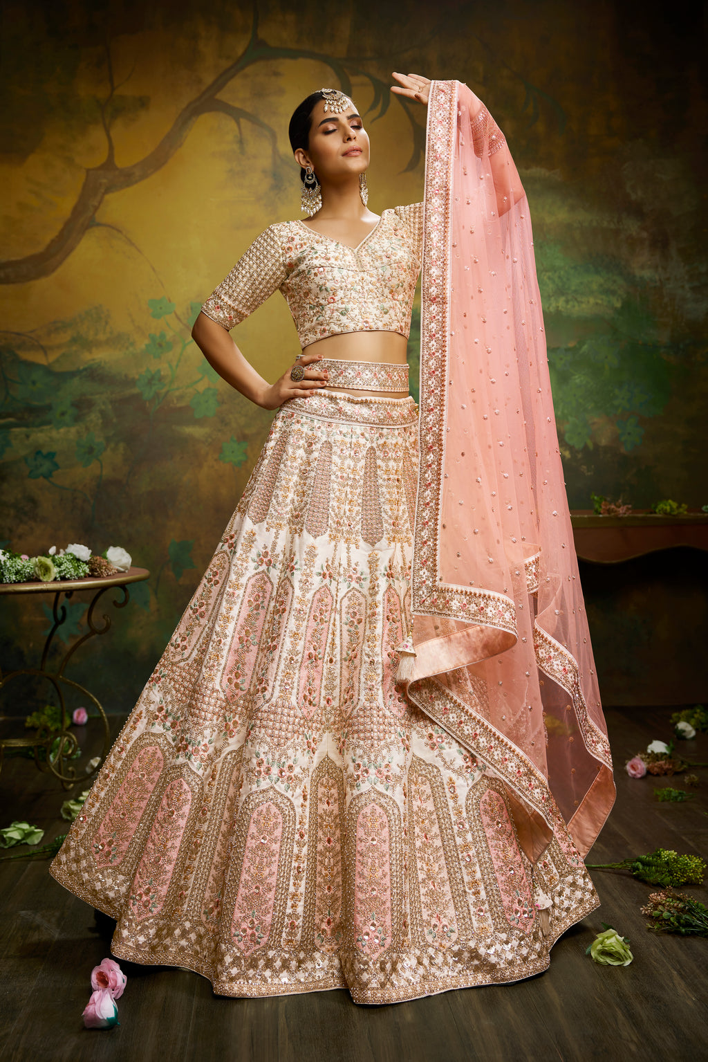 Off White Pure Silk Moti & Zarkan heavy embroidery Semi-Stitched Lehenga choli & Dupatta ClothsVilla