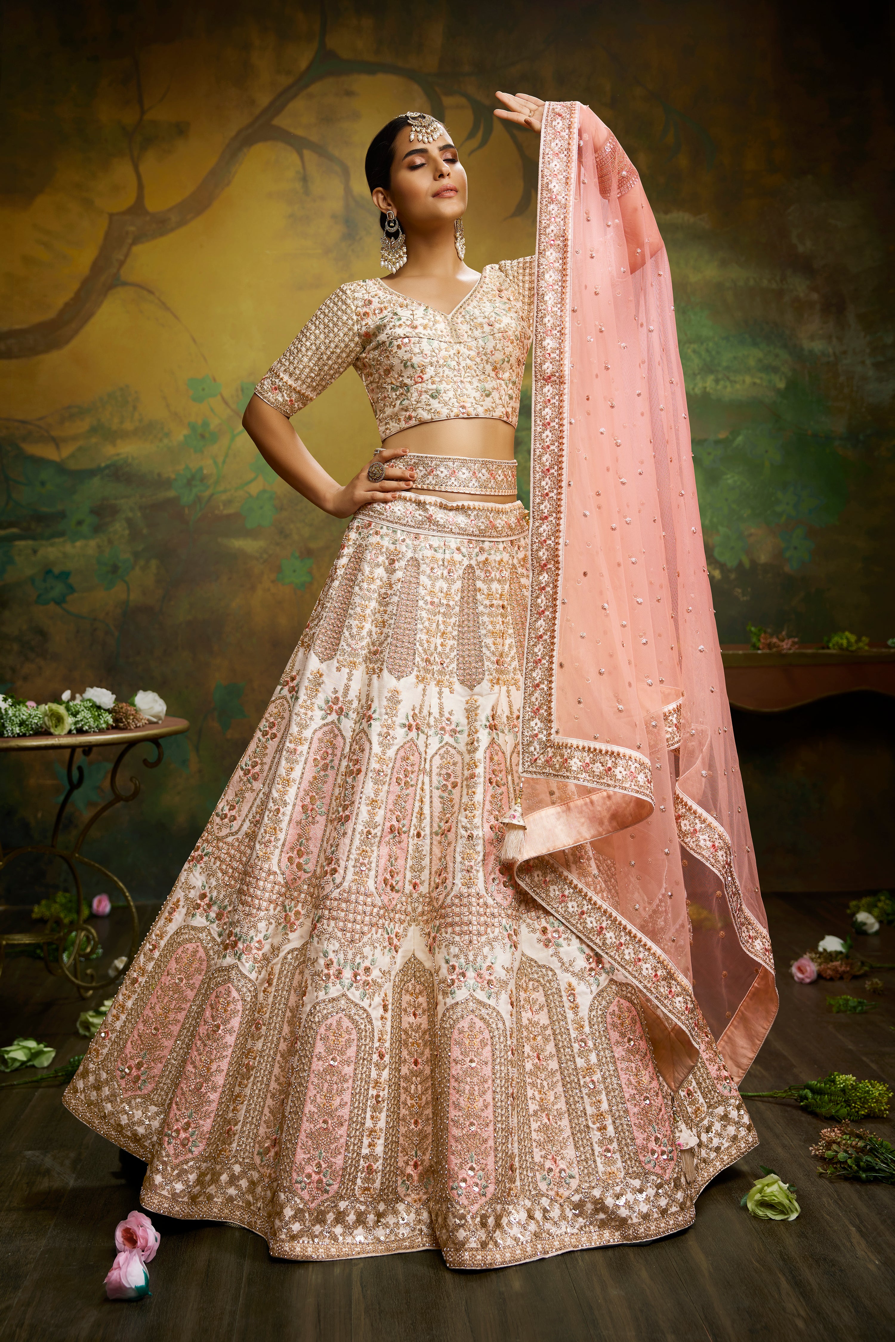 Off White Pure Silk Moti & Zarkan heavy embroidery Semi-Stitched Lehenga choli & Dupatta ClothsVilla