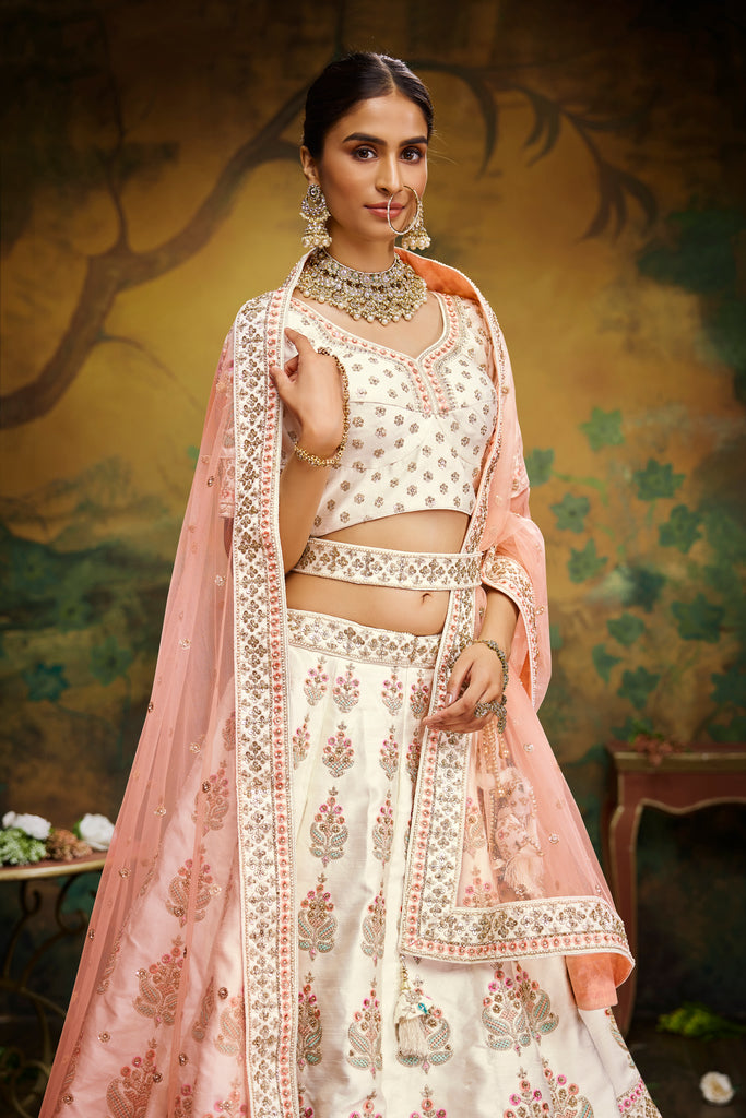 Off White Pure Silk Moti & Zarkan heavy embroidery Semi-Stitched Lehenga choli & Dupatta ClothsVilla