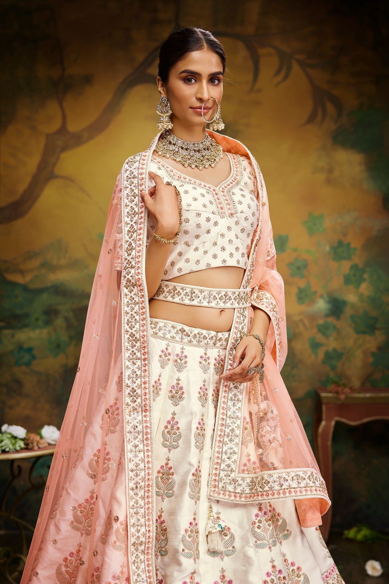 Embroidered semi stitched lehenga choli and dupatta on sale set