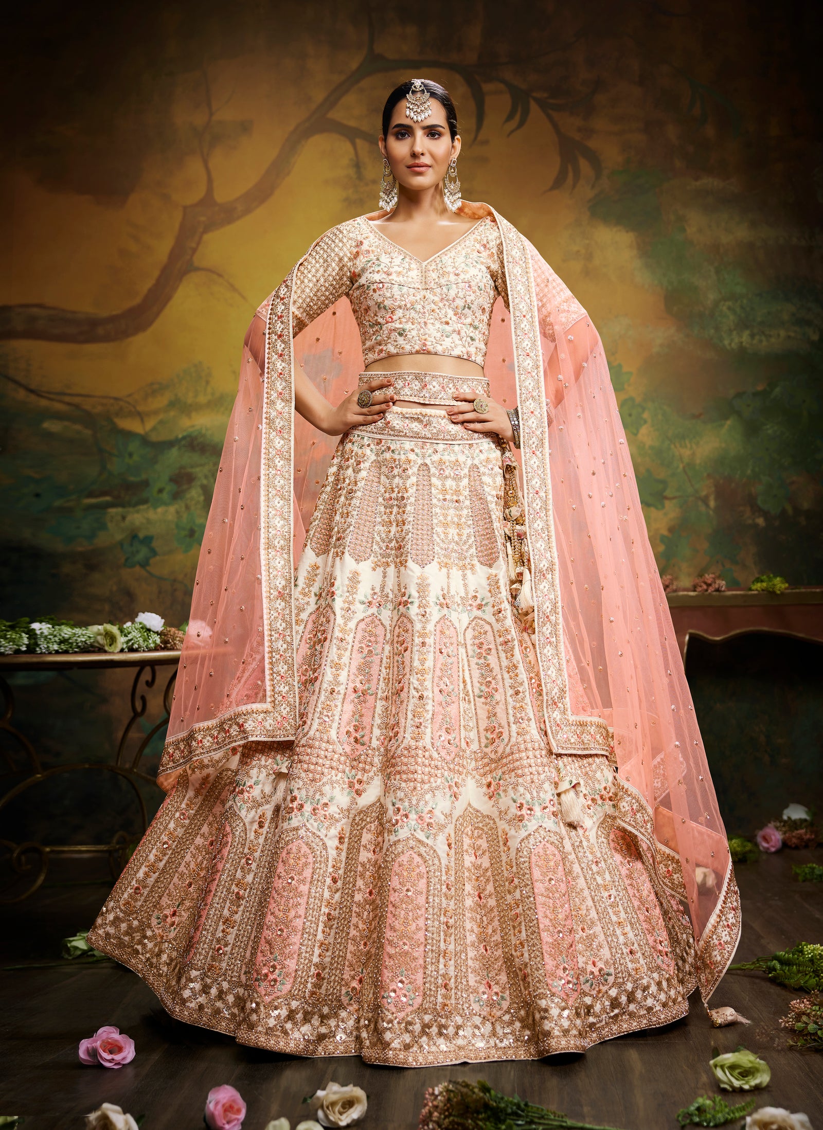 Off White Pure Silk Moti & Zarkan heavy embroidery Semi-Stitched Lehenga choli & Dupatta ClothsVilla