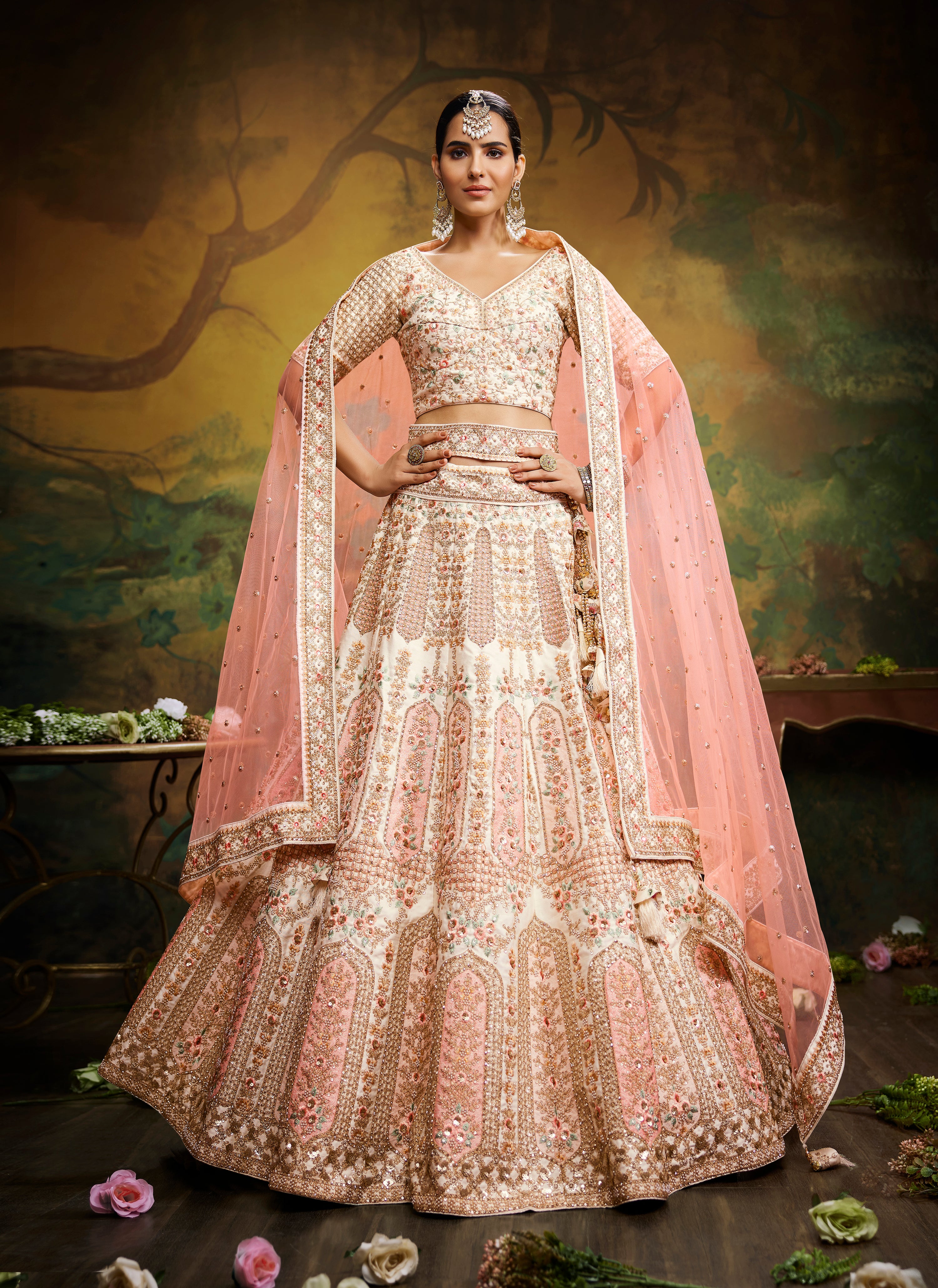 Off White Pure Silk Moti & Zarkan heavy embroidery Semi-Stitched Lehenga choli & Dupatta ClothsVilla Main image