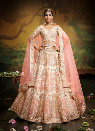 Off White Pure Silk Moti & Zarkan heavy embroidery Semi-Stitched Lehenga choli & Dupatta ClothsVilla