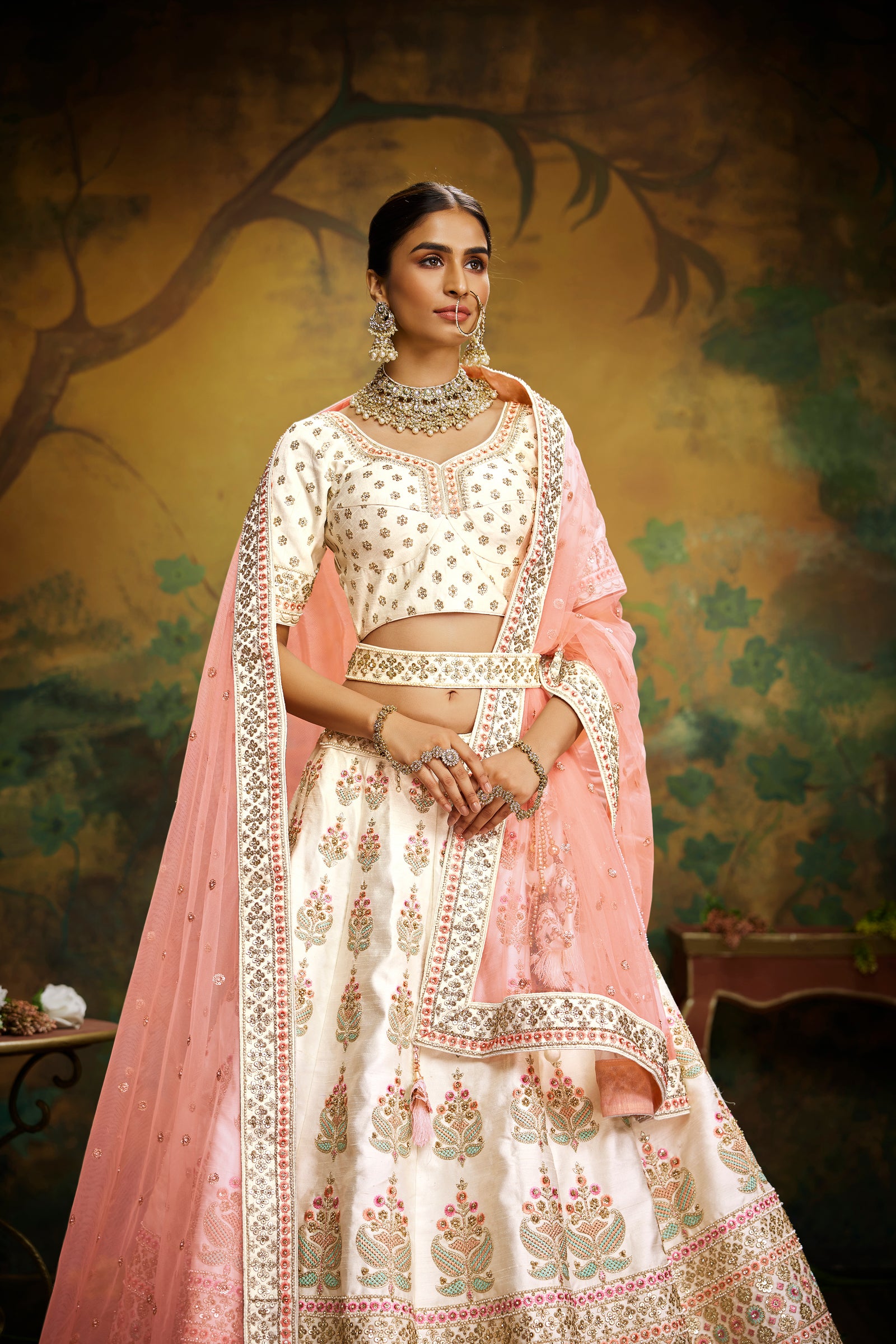 Off White Pure Silk Moti & Zarkan heavy embroidery Semi-Stitched Lehenga choli & Dupatta ClothsVilla