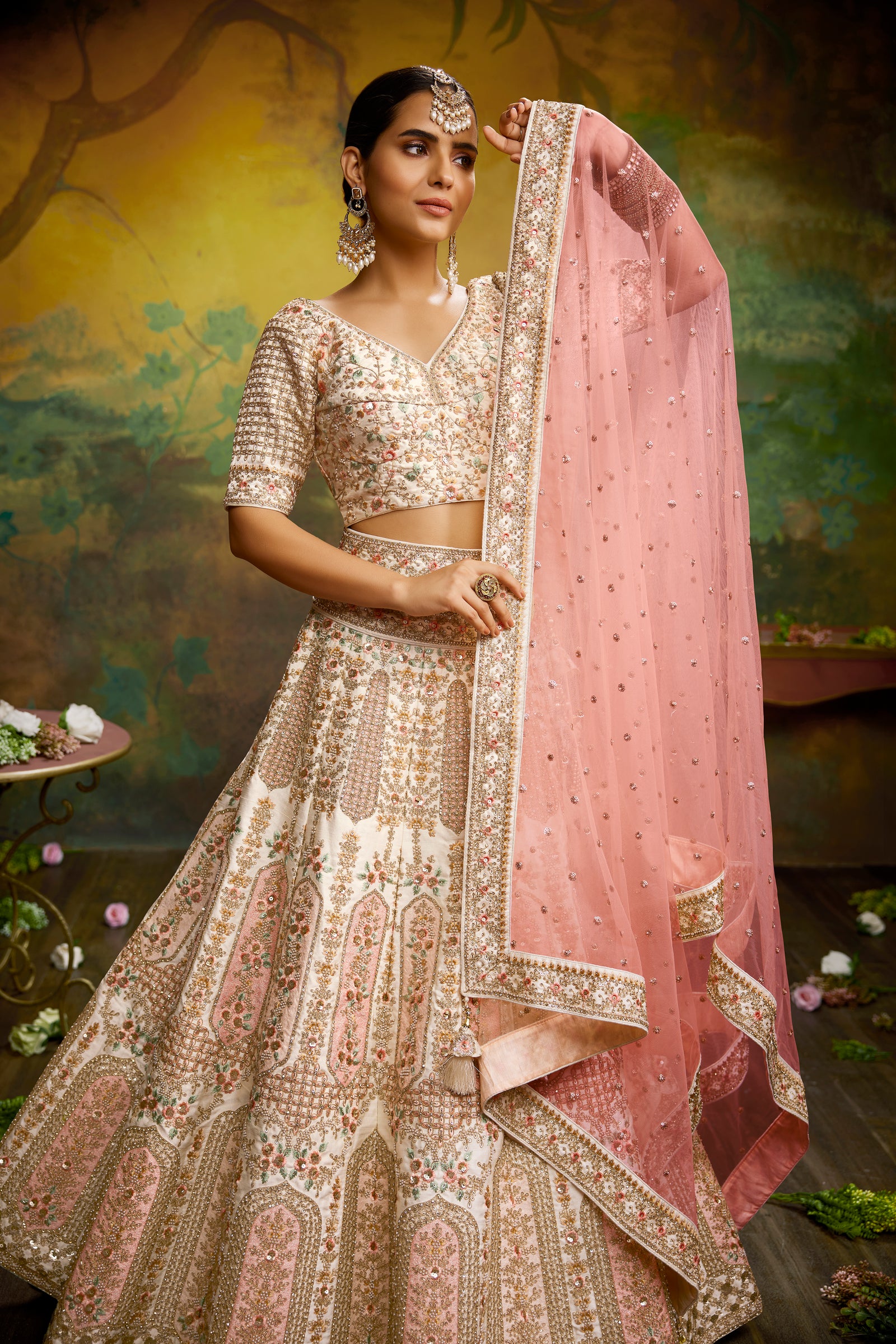 Off White Pure Silk Moti & Zarkan heavy embroidery Semi-Stitched Lehenga choli & Dupatta ClothsVilla