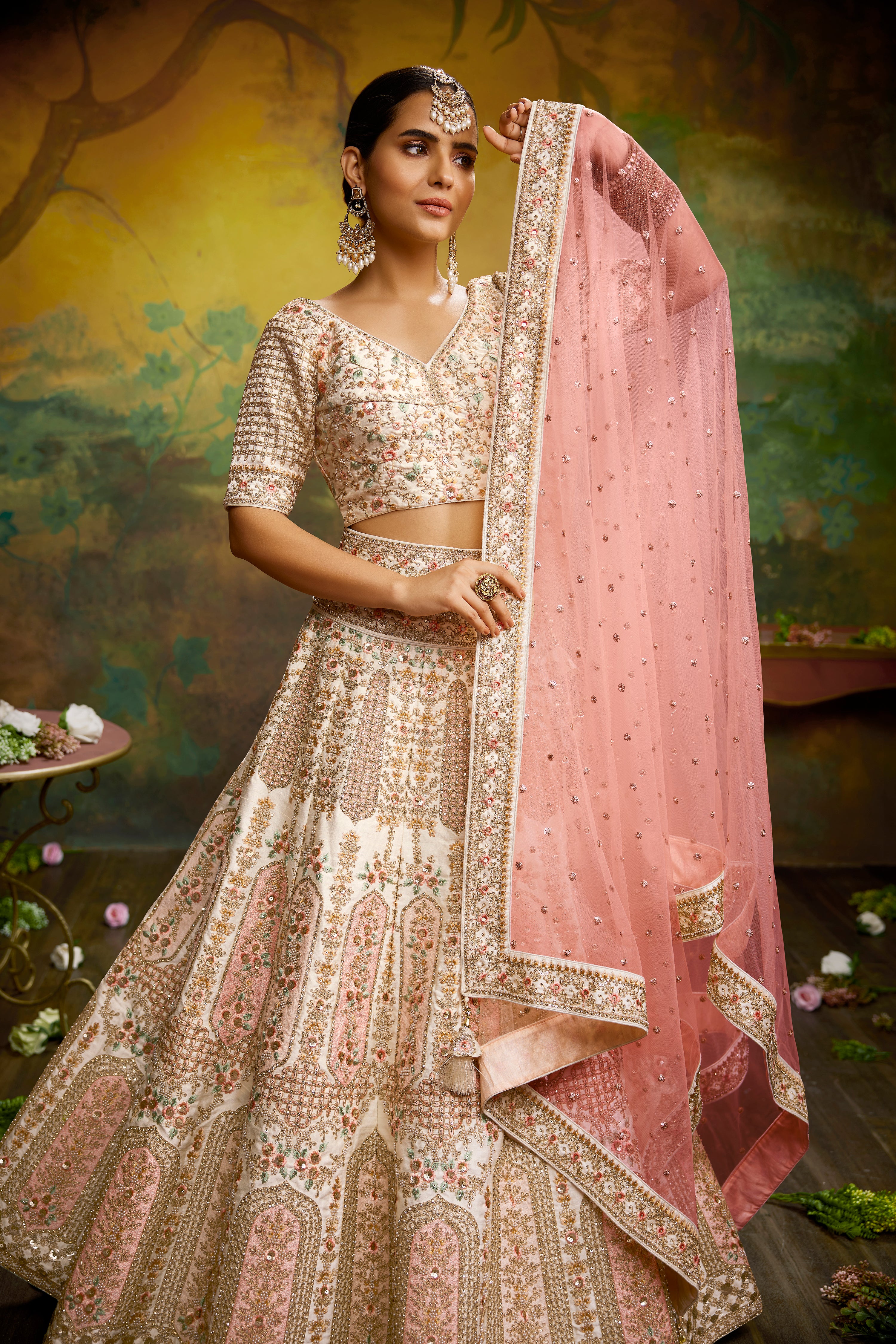 Off White Pure Silk Moti & Zarkan heavy embroidery Semi-Stitched Lehenga choli & Dupatta ClothsVilla