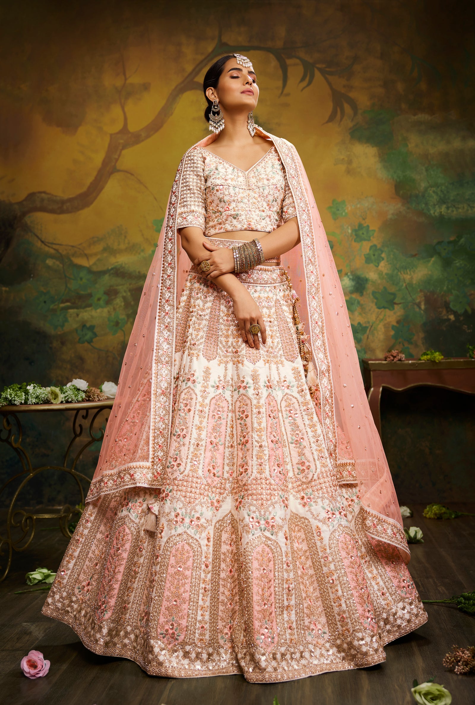 Off White Pure Silk Moti & Zarkan heavy embroidery Semi-Stitched Lehenga choli & Dupatta ClothsVilla