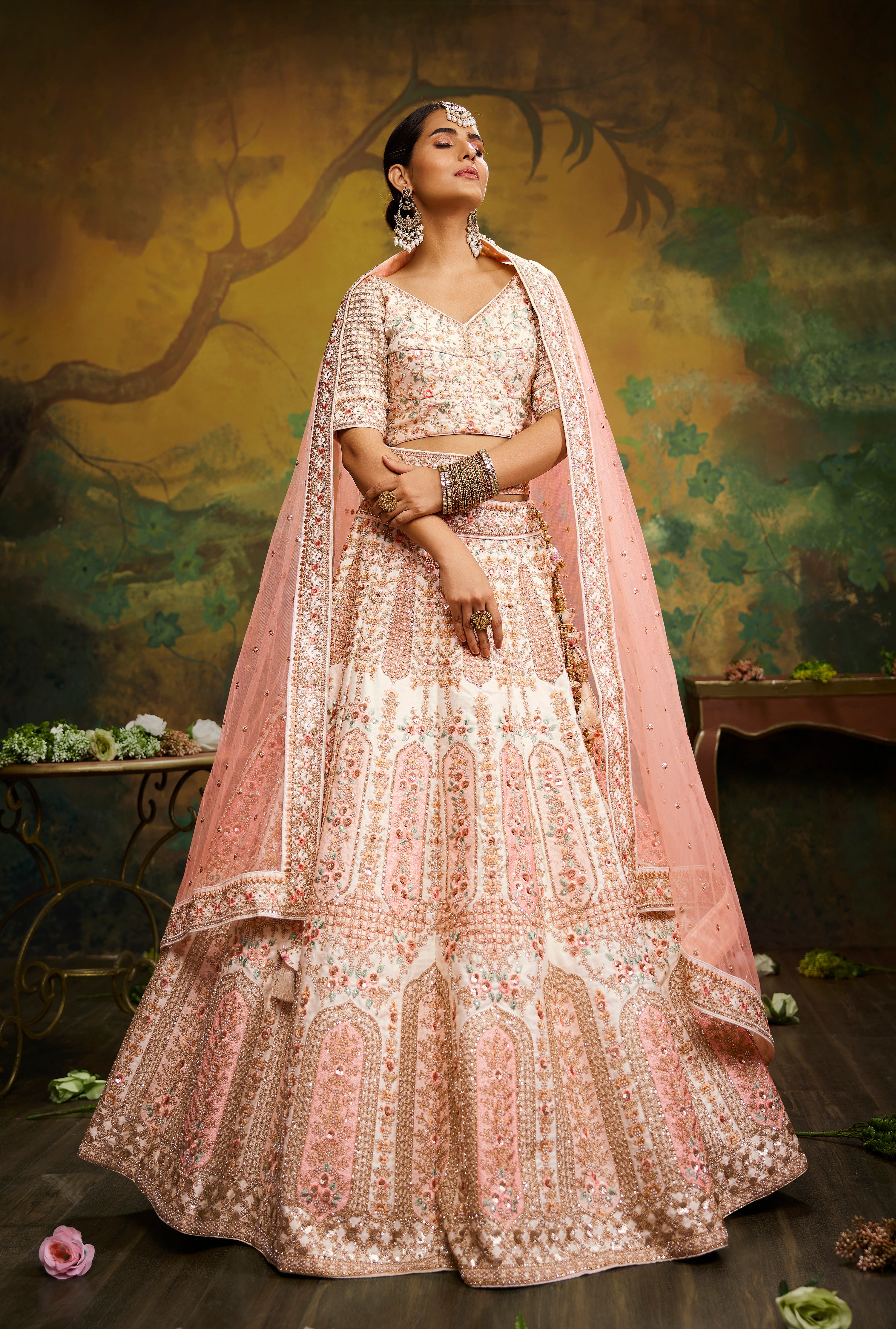 Off White Pure Silk Moti & Zarkan heavy embroidery Semi-Stitched Lehenga choli & Dupatta ClothsVilla