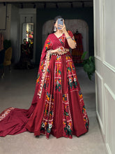 Load image into Gallery viewer, Off White Rayon Printed Silk Lehenga Choli with Gota Patti &amp; Cowrie Detailing ClothsVilla