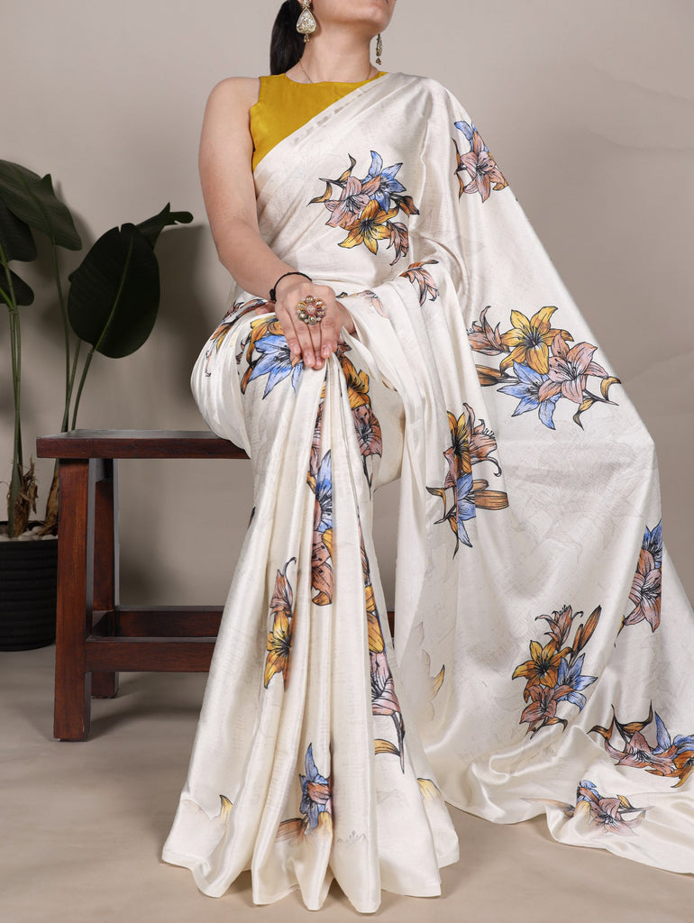 Off White Satin Silk Floral Printed Saree with Natural Silk Blouse Piece ClothsVilla