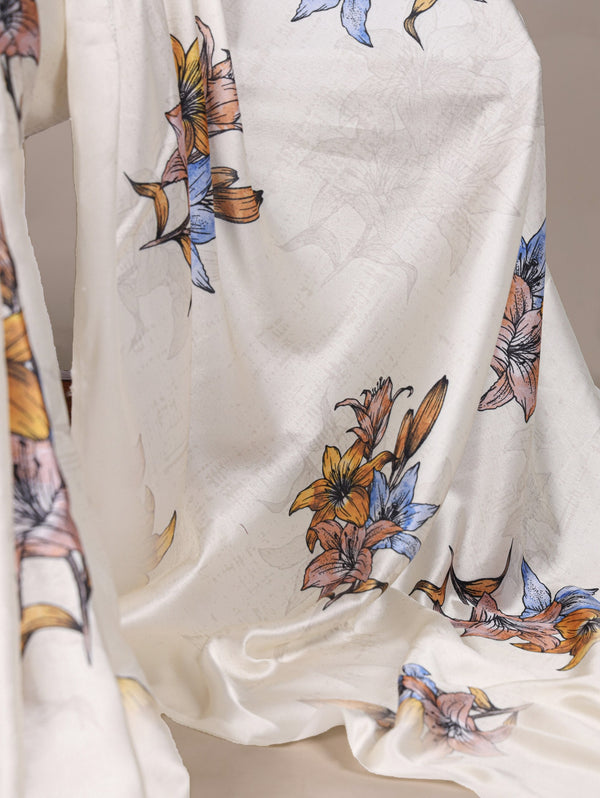 Off White Satin Silk Floral Printed Saree with Natural Silk Blouse Piece ClothsVilla