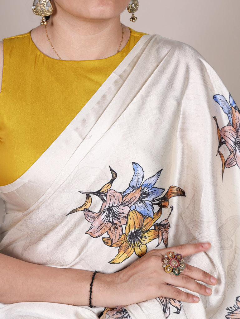 Off White Satin Silk Floral Printed Saree with Natural Silk Blouse Piece ClothsVilla