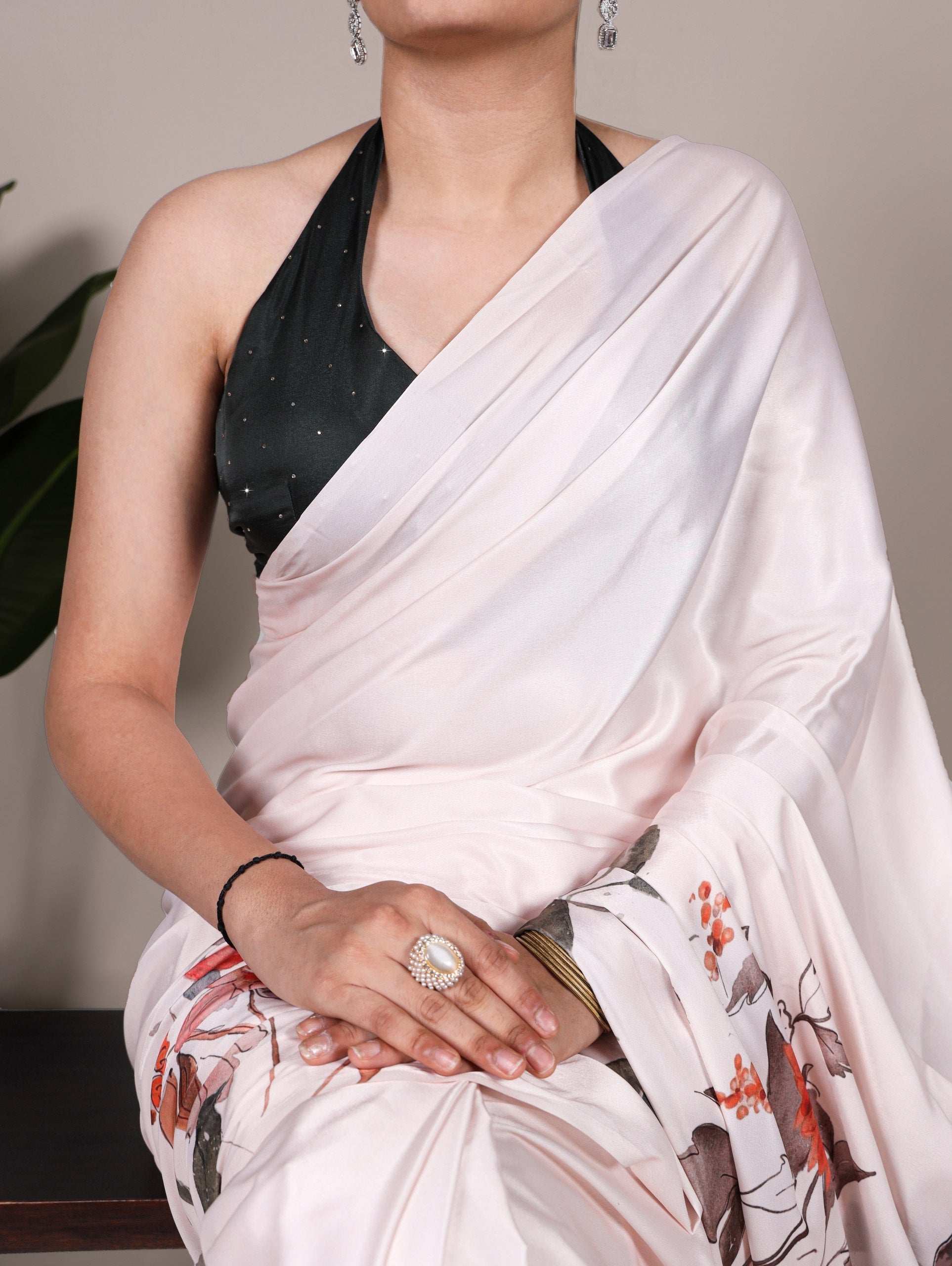 Off White Satin Silk Printed Saree with Moonga Silk Hotfix Blouse ClothsVilla