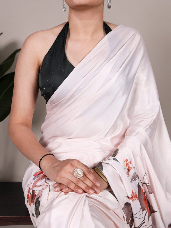 Off White Satin Silk Printed Saree with Moonga Silk Hotfix Blouse ClothsVilla
