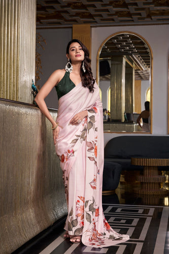 Off White Satin Silk Printed Saree with Moonga Silk Hotfix Blouse ClothsVilla