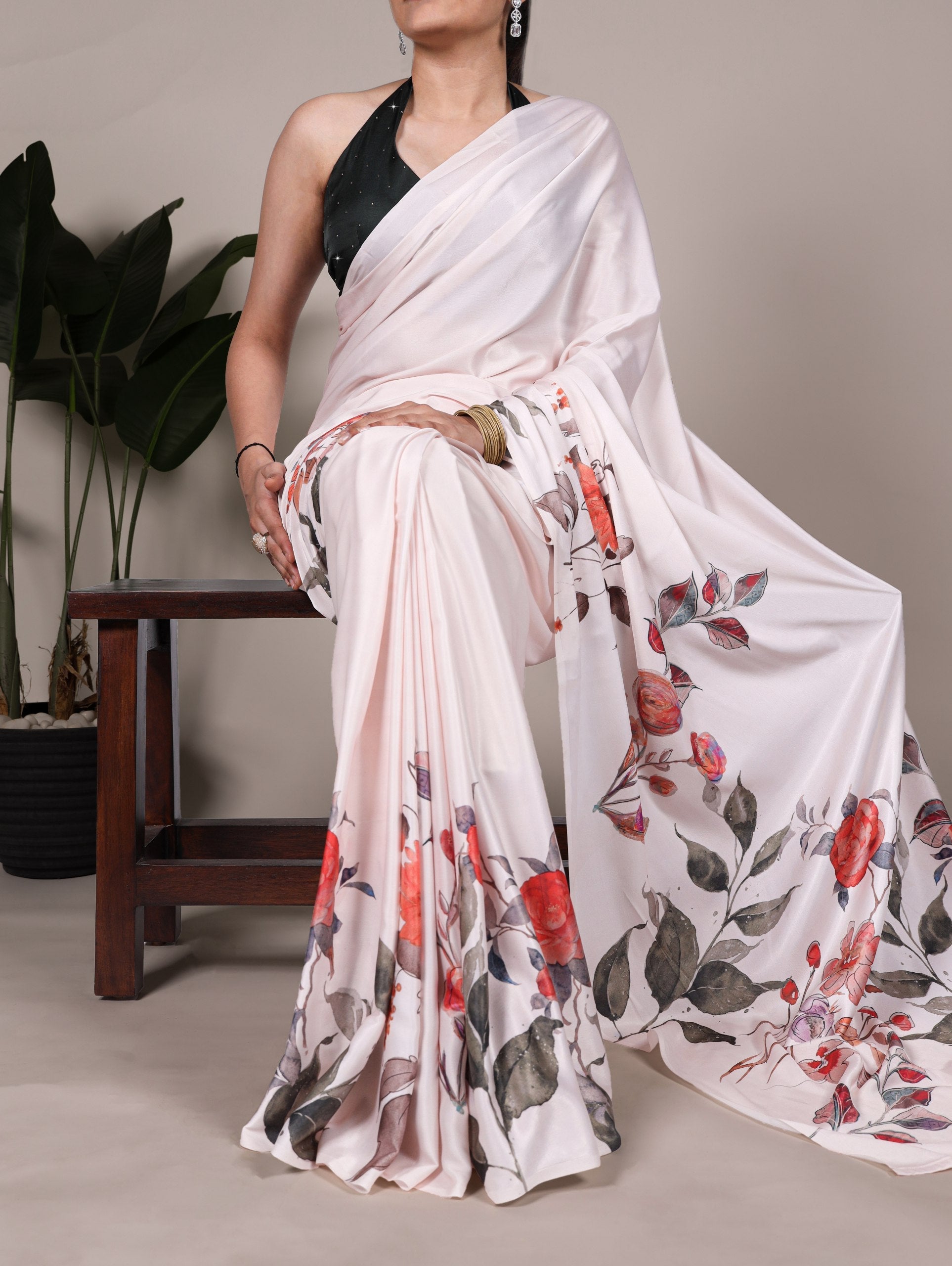 Off White Satin Silk Printed Saree with Moonga Silk Hotfix Blouse ClothsVilla