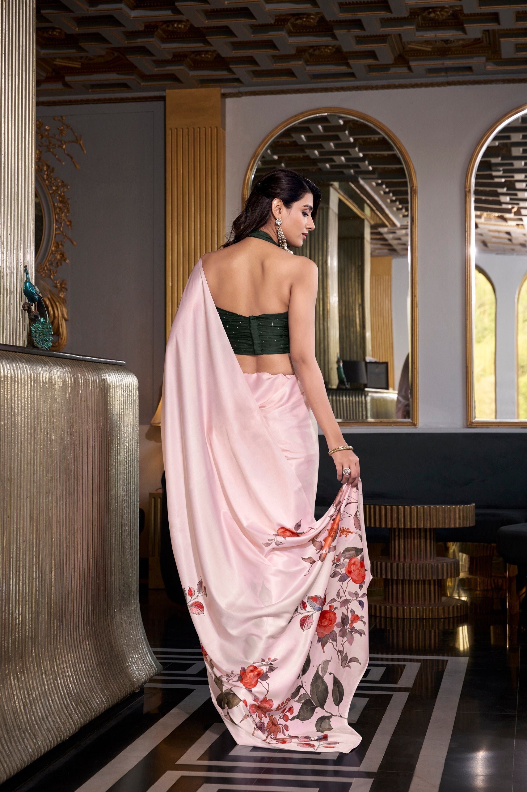 Off White Satin Silk Printed Saree with Moonga Silk Hotfix Blouse ClothsVilla
