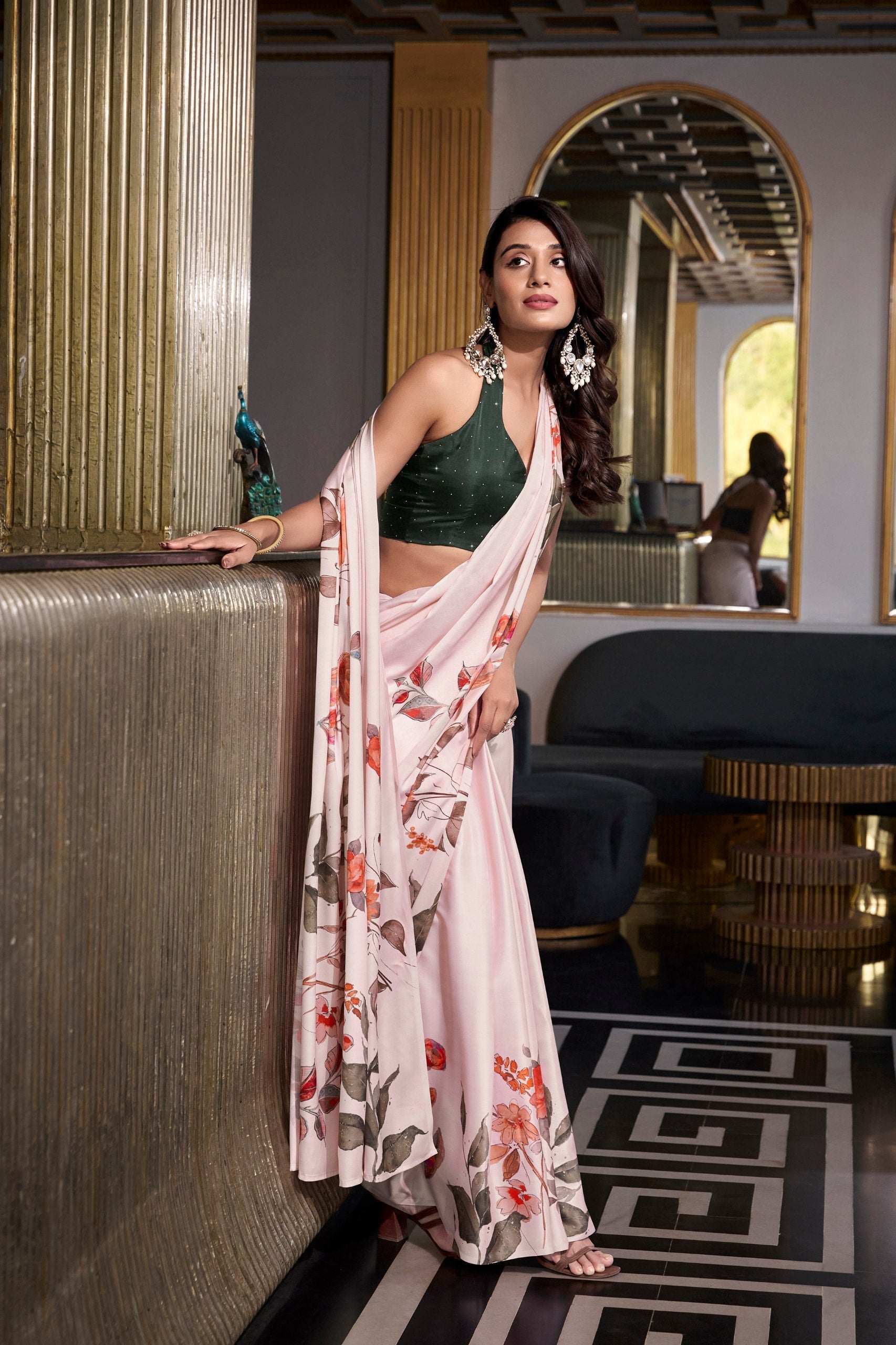 Off White Satin Silk Printed Saree with Moonga Silk Hotfix Blouse ClothsVilla