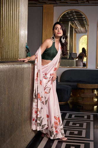 Off White Satin Silk Printed Saree with Moonga Silk Hotfix Blouse ClothsVilla
