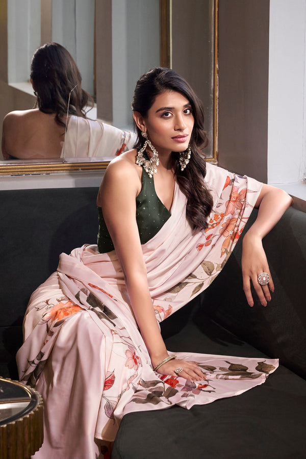 Off White Satin Silk Printed Saree with Moonga Silk Hotfix Blouse ClothsVilla