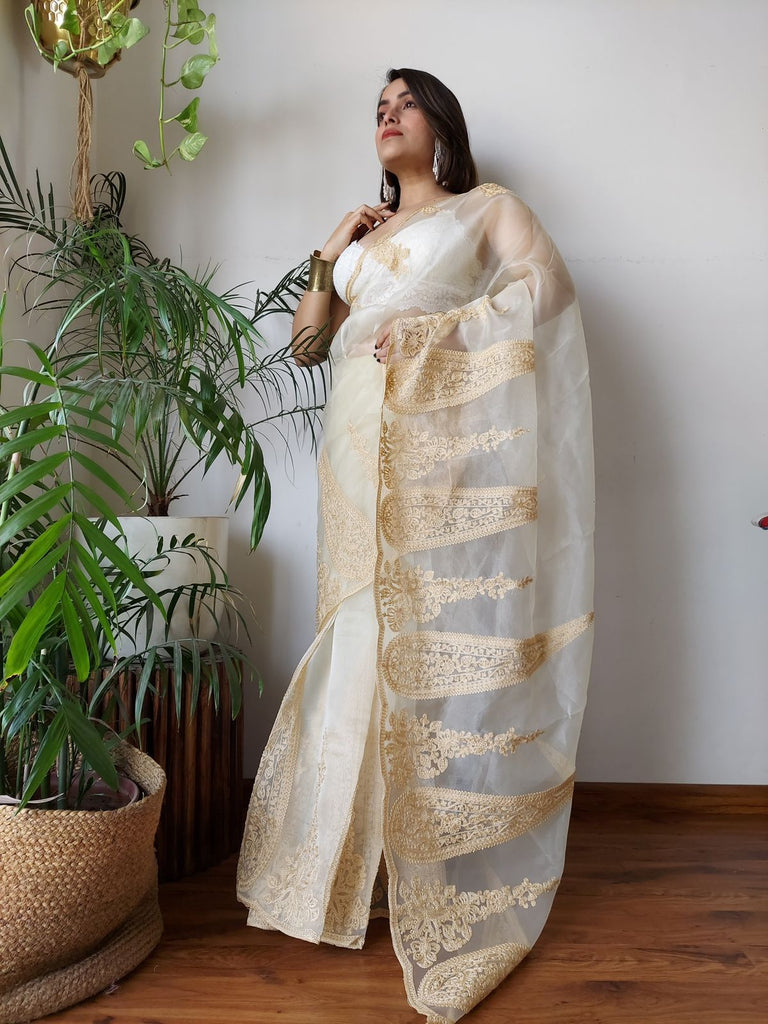 Off White Semi-Pure Organza Saree with Exquisite Lucknowi Work & Matching Blouse ClothsVilla