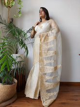 Load image into Gallery viewer, Off White Semi-Pure Organza Saree with Exquisite Lucknowi Work &amp; Matching Blouse ClothsVilla