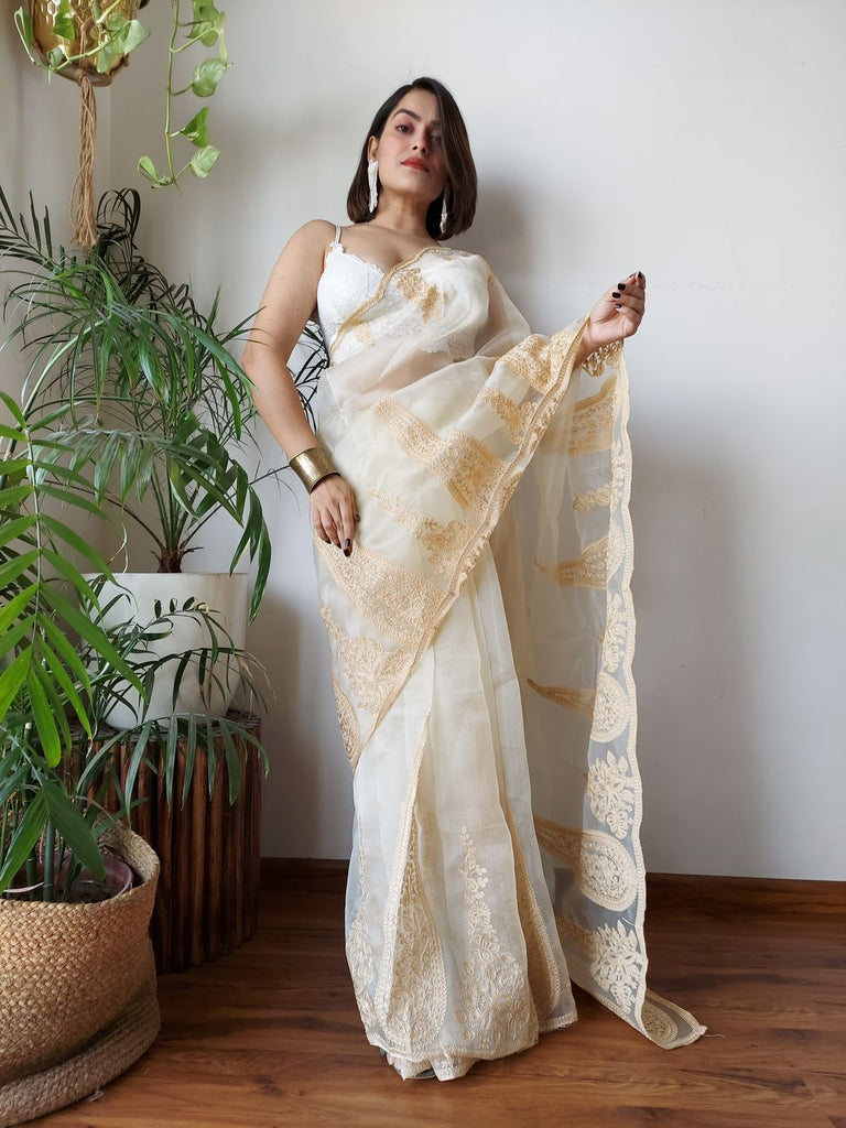 Off White Semi-Pure Organza Saree with Exquisite Lucknowi Work & Matching Blouse ClothsVilla