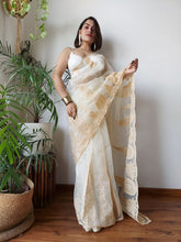 Load image into Gallery viewer, Off White Semi-Pure Organza Saree with Exquisite Lucknowi Work &amp; Matching Blouse ClothsVilla