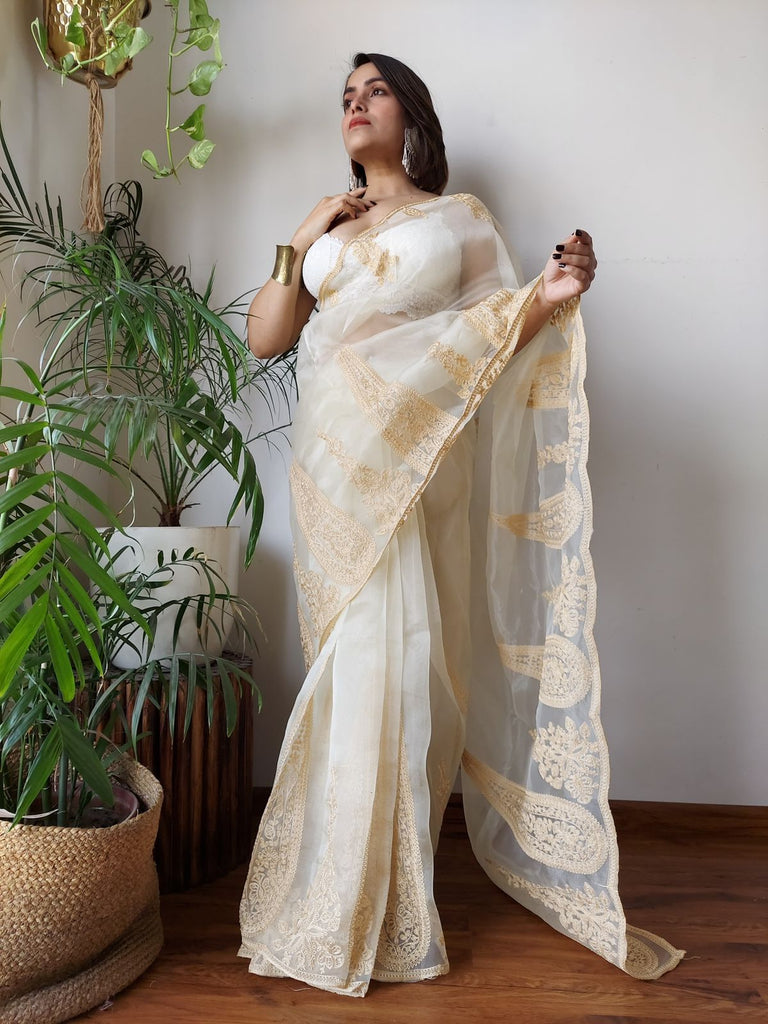 Off White Semi-Pure Organza Saree with Exquisite Lucknowi Work & Matching Blouse ClothsVilla