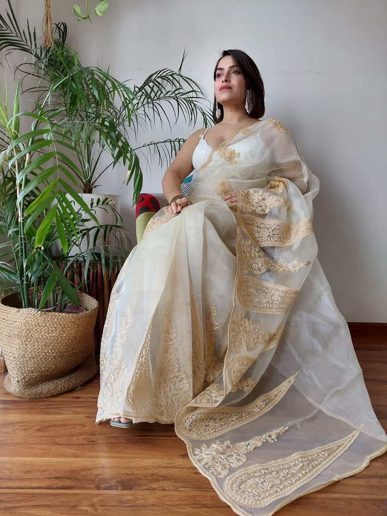 Off White Semi-Pure Organza Saree with Exquisite Lucknowi Work & Matching Blouse ClothsVilla