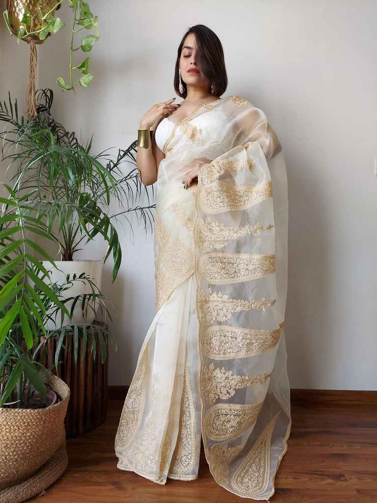 Off White Semi-Pure Organza Saree with Exquisite Lucknowi Work & Matching Blouse ClothsVilla