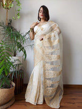 Load image into Gallery viewer, Off White Semi-Pure Organza Saree with Exquisite Lucknowi Work &amp; Matching Blouse ClothsVilla