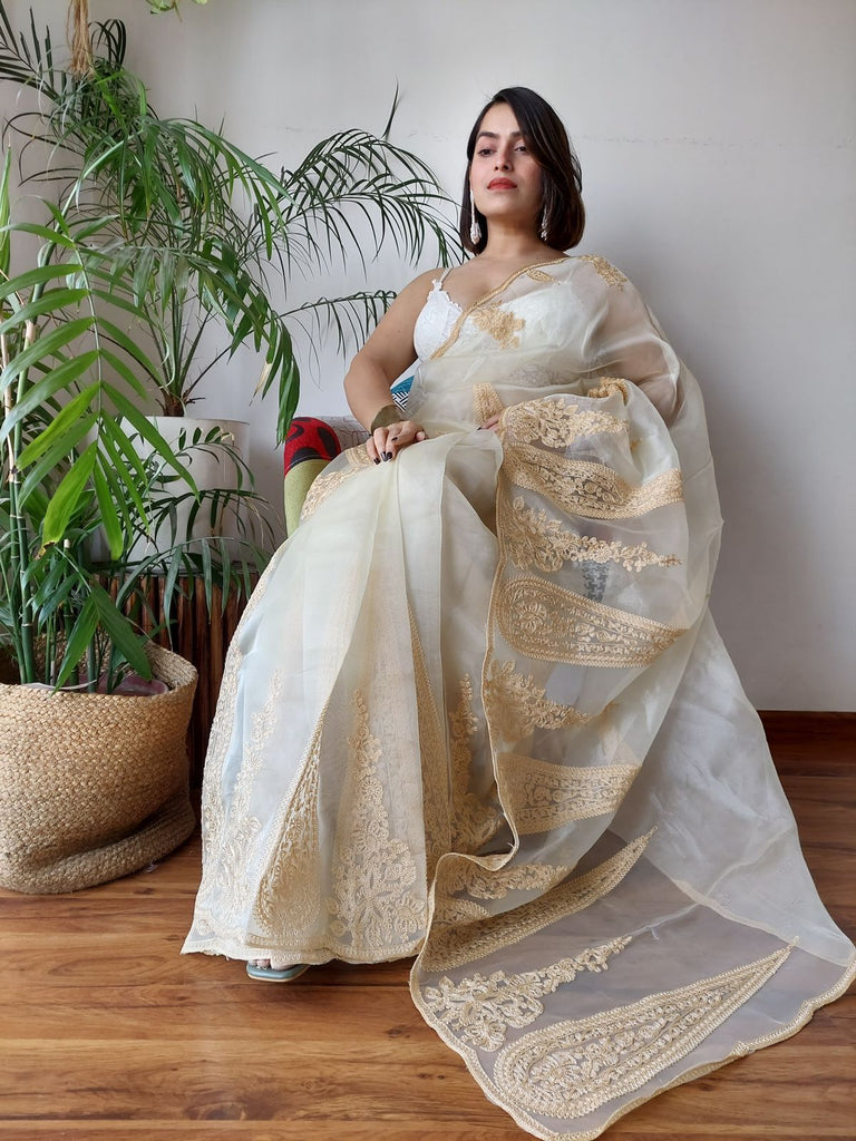 Off White Semi-Pure Organza Saree with Exquisite Lucknowi Work & Matching Blouse ClothsVilla