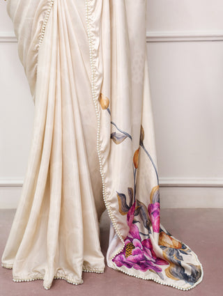 Off White Silk Printed Saree with Pearl Lace ClothsVilla