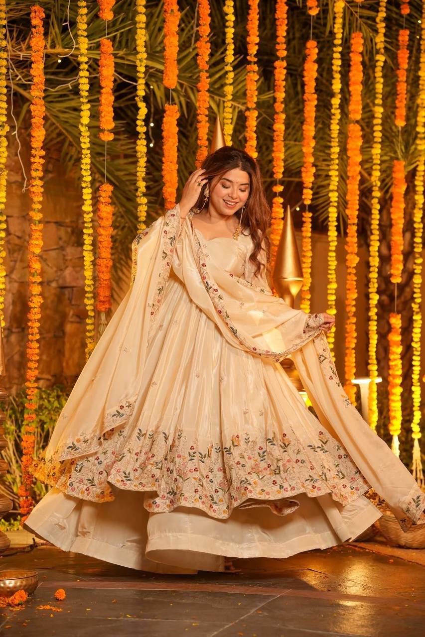 Off White Silk Sequins Embroidered Gown Set