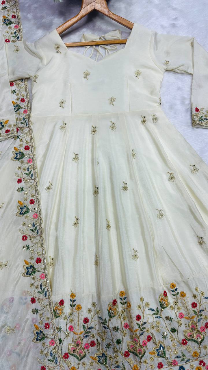 Off White Silk Sequins Embroidered Gown Set