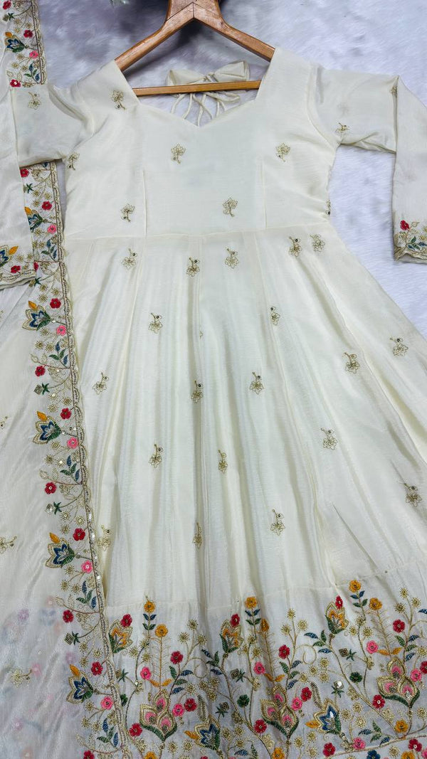 Off White Silk Sequins Embroidered Gown Set