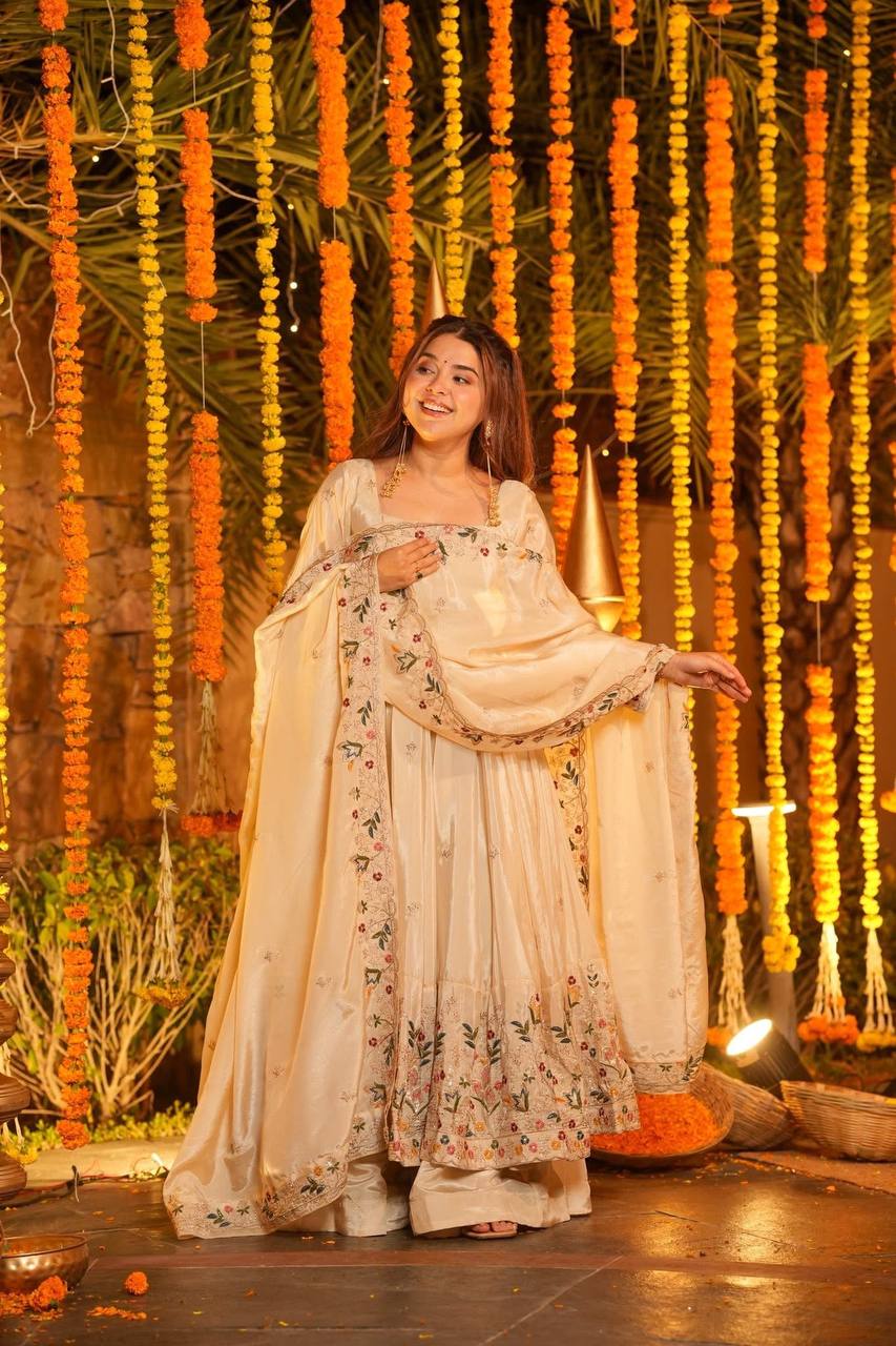 Off White Silk Sequins Embroidered Gown Set