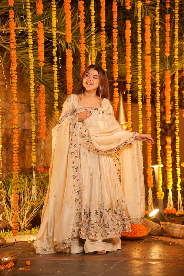 Off White Silk Sequins Embroidered Gown Set