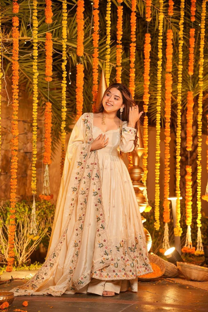 Off White Silk Sequins Embroidered Gown Set