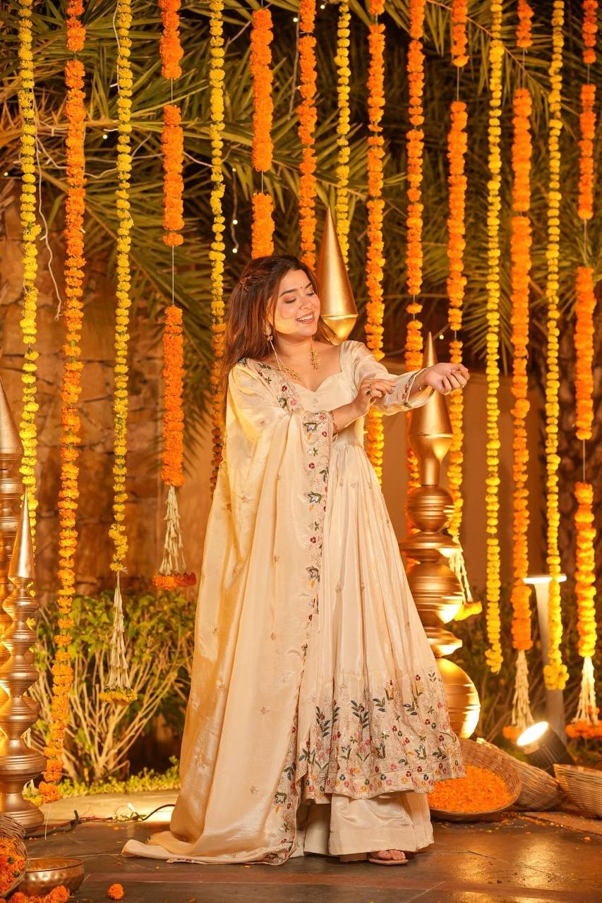 Off White Silk Sequins Embroidered Gown Set