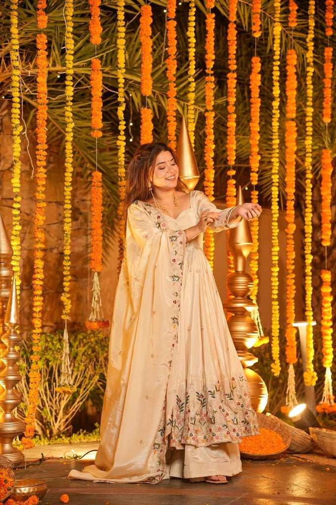 Off White Silk Sequins Embroidered Gown Set