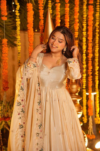 Off White Silk Sequins Embroidered Gown Set