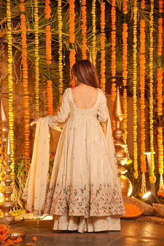 Off White Silk Sequins Embroidered Gown Set